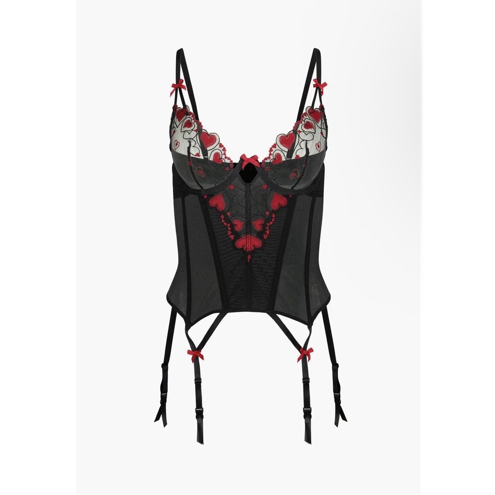 Adore Me Lovette Unlined Plunge Bustier 34A Women Sexy heart embroidery Blck Red